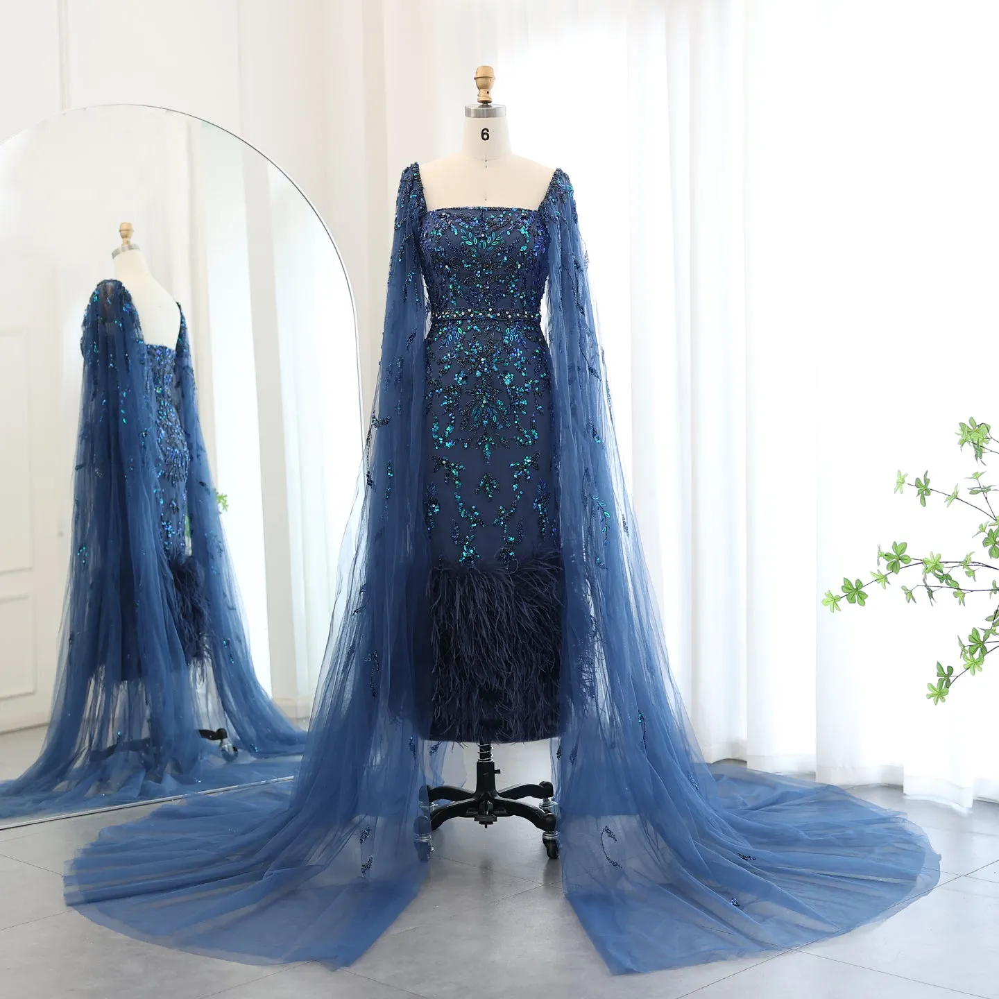 Luxury Feathers Lilac Evening Dress with Cape Sleeves SS381