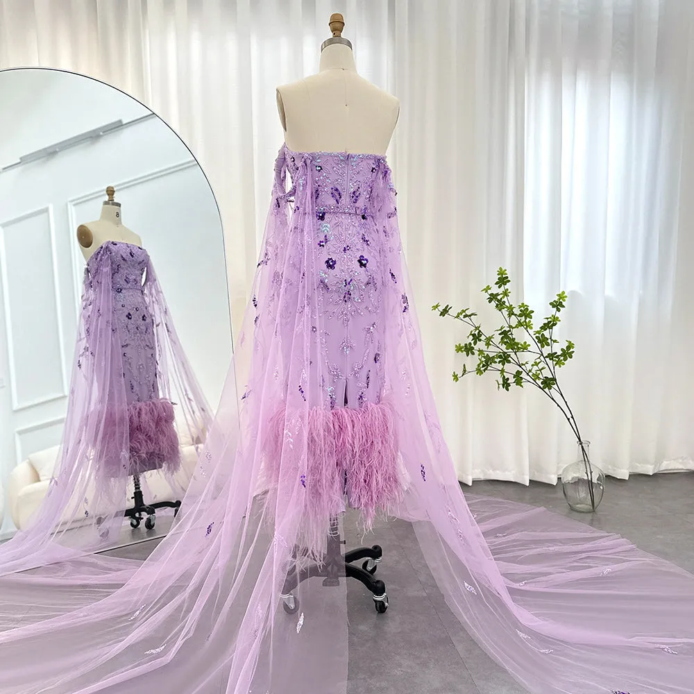 Luxury Feathers Lilac Evening Dress with Cape Sleeves SS381