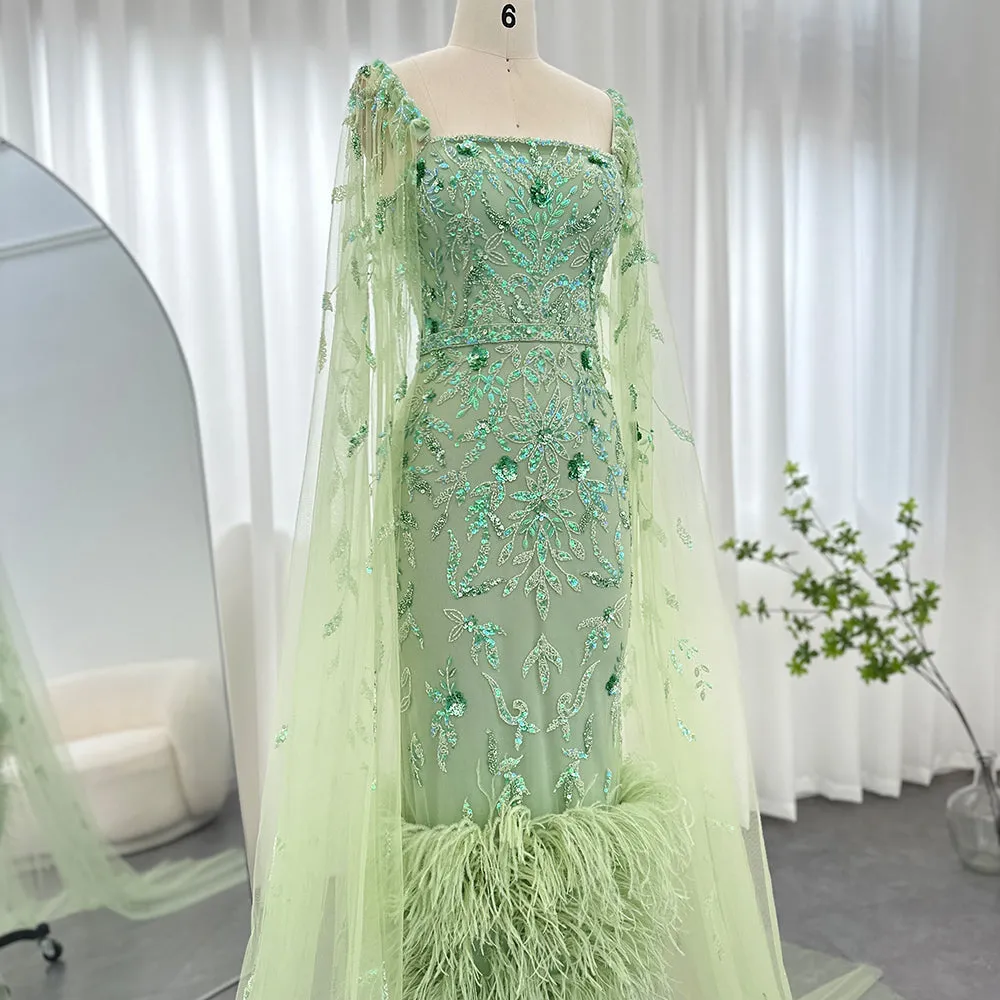Luxury Feathers Lilac Evening Dress with Cape Sleeves SS381