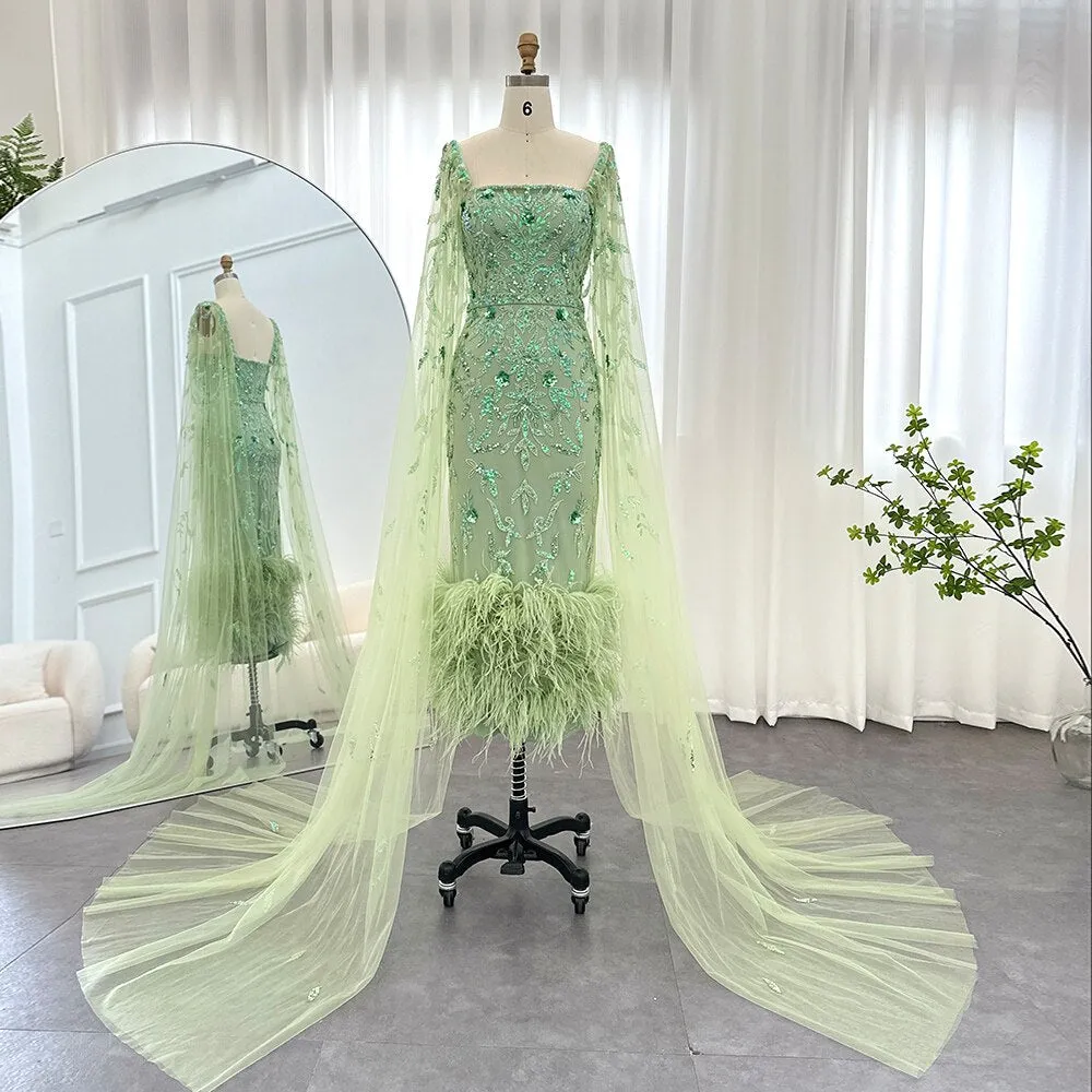 Luxury Feathers Lilac Evening Dress with Cape Sleeves SS381
