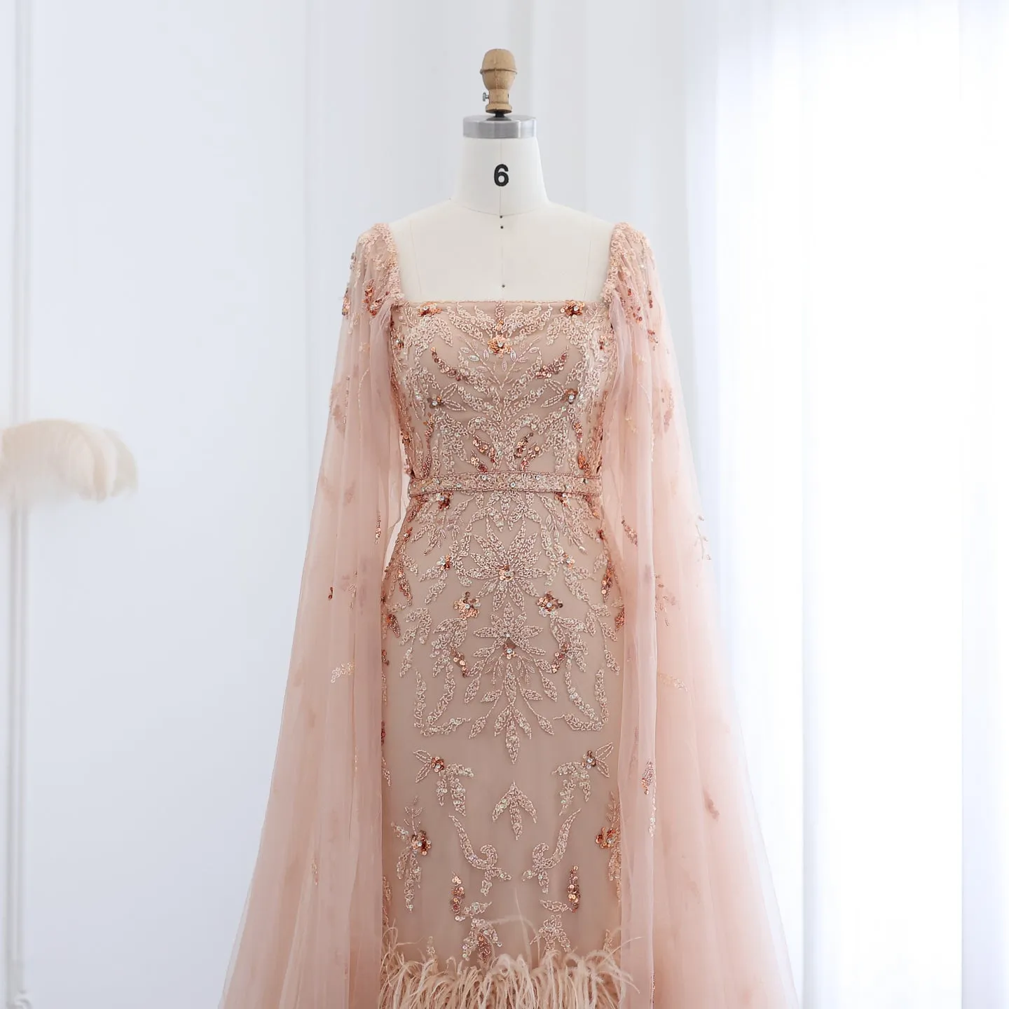 Luxury Feathers Lilac Evening Dress with Cape Sleeves SS381