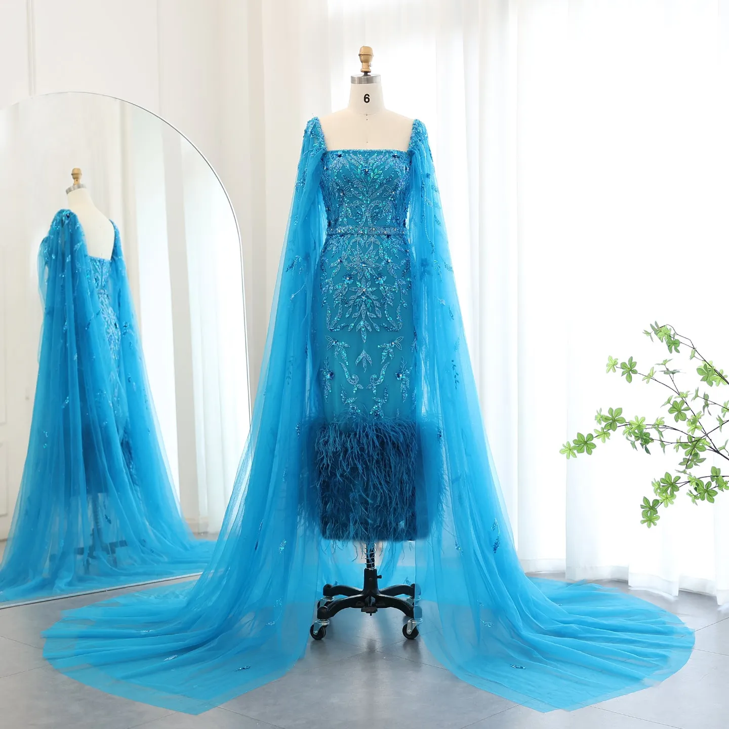 Luxury Feathers Lilac Evening Dress with Cape Sleeves SS381