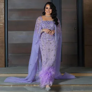 Luxury Feathers Lilac Evening Dress with Cape Sleeves SS381