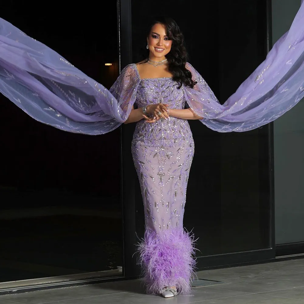 Luxury Feathers Lilac Evening Dress with Cape Sleeves SS381