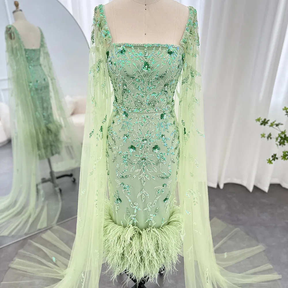 Luxury Feathers Lilac Evening Dress with Cape Sleeves SS381