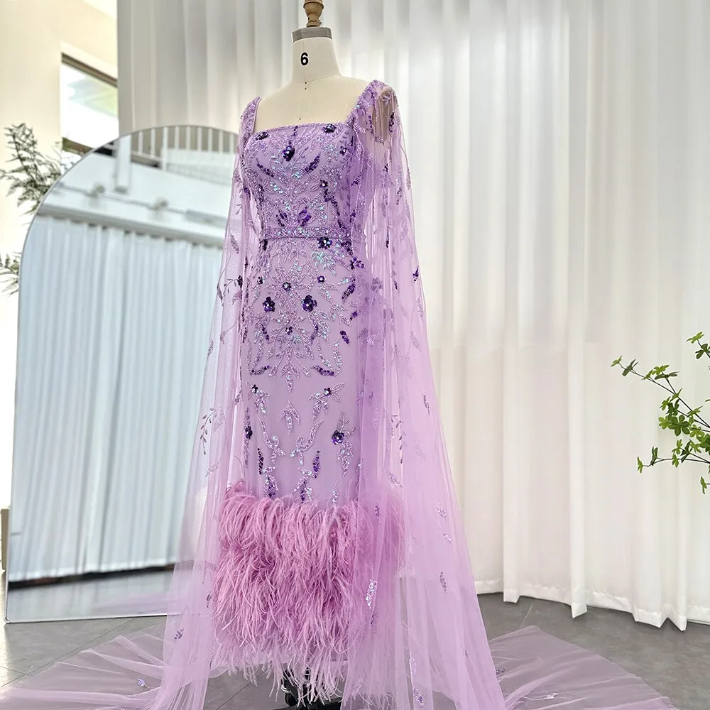 Luxury Feathers Lilac Evening Dress with Cape Sleeves SS381