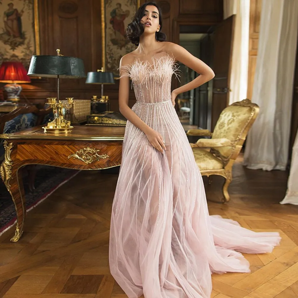 Luxury Pink Feathers Strapless Evening Dress SS401