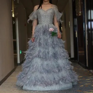 Luxury Silver Gray Feathers Evening Dress SS530