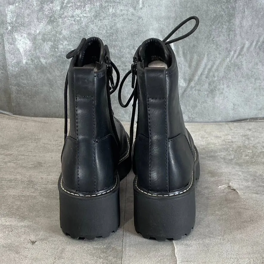 MADDEN GIRL Women's Black Carra Lug Sole Bock-Heel Lace-Up Combat Boots SZ 5