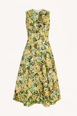 Madi Dress In Abstract Green And Lemon Rose Printed Twill