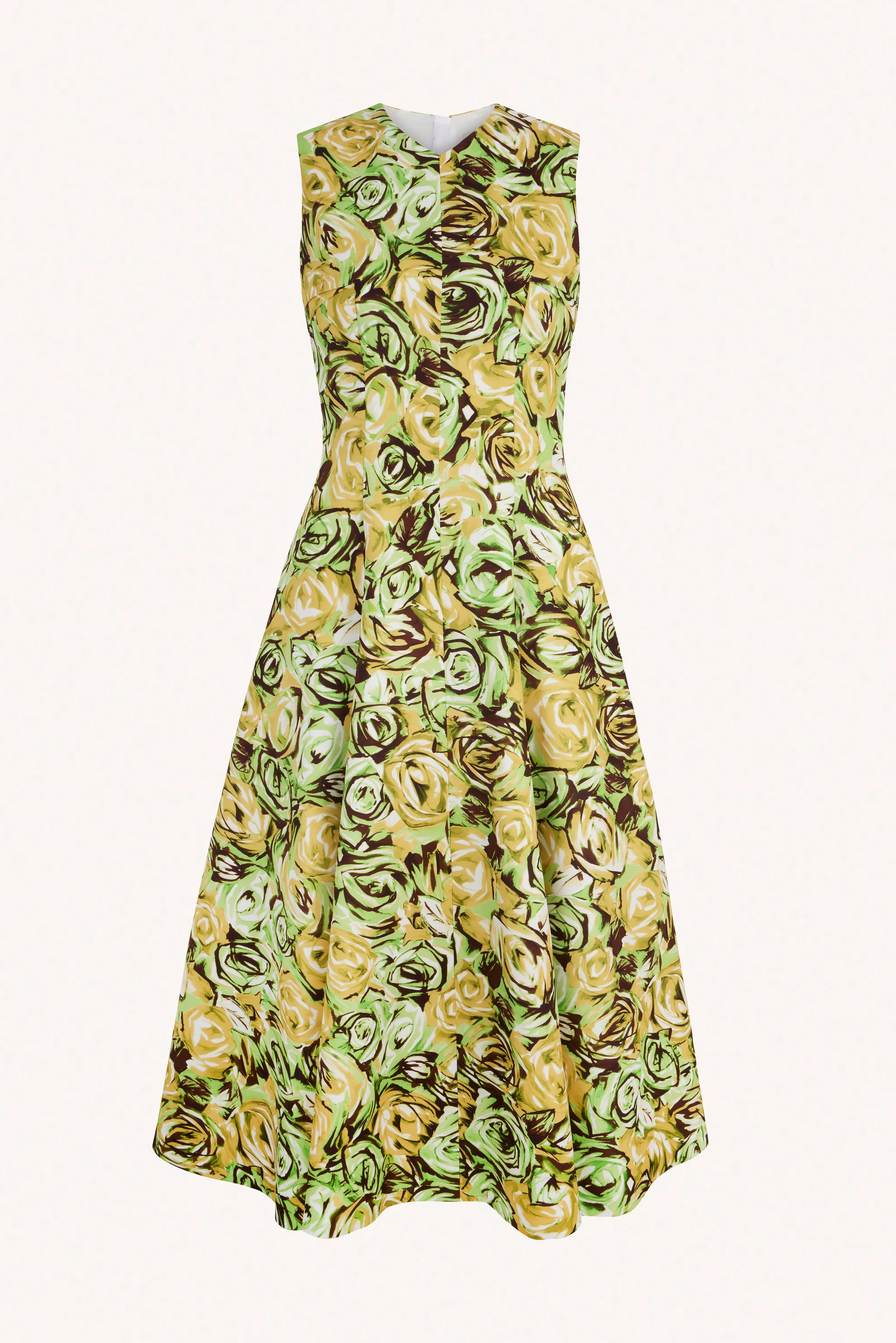 Madi Dress In Abstract Green And Lemon Rose Printed Twill