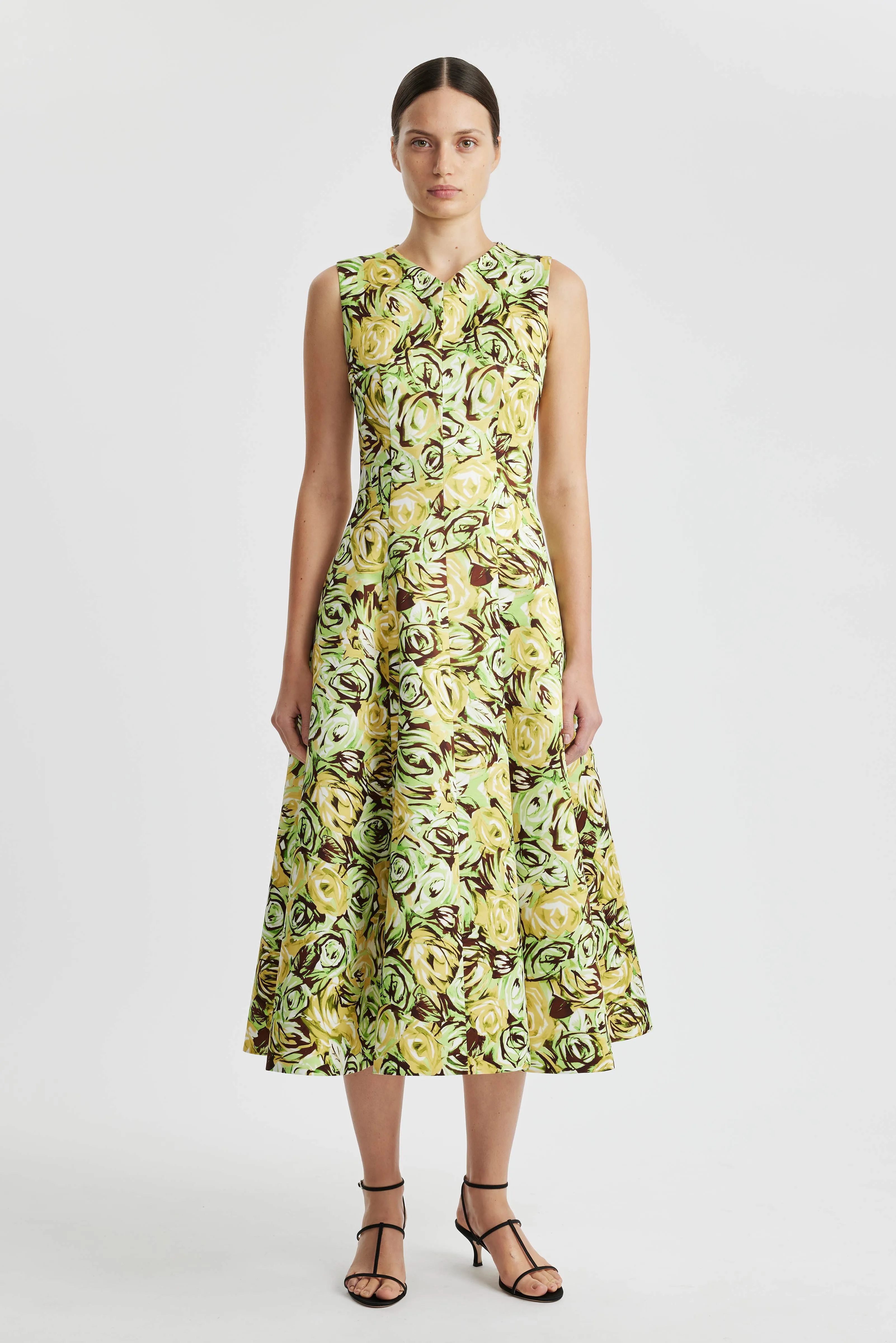 Madi Dress In Abstract Green And Lemon Rose Printed Twill