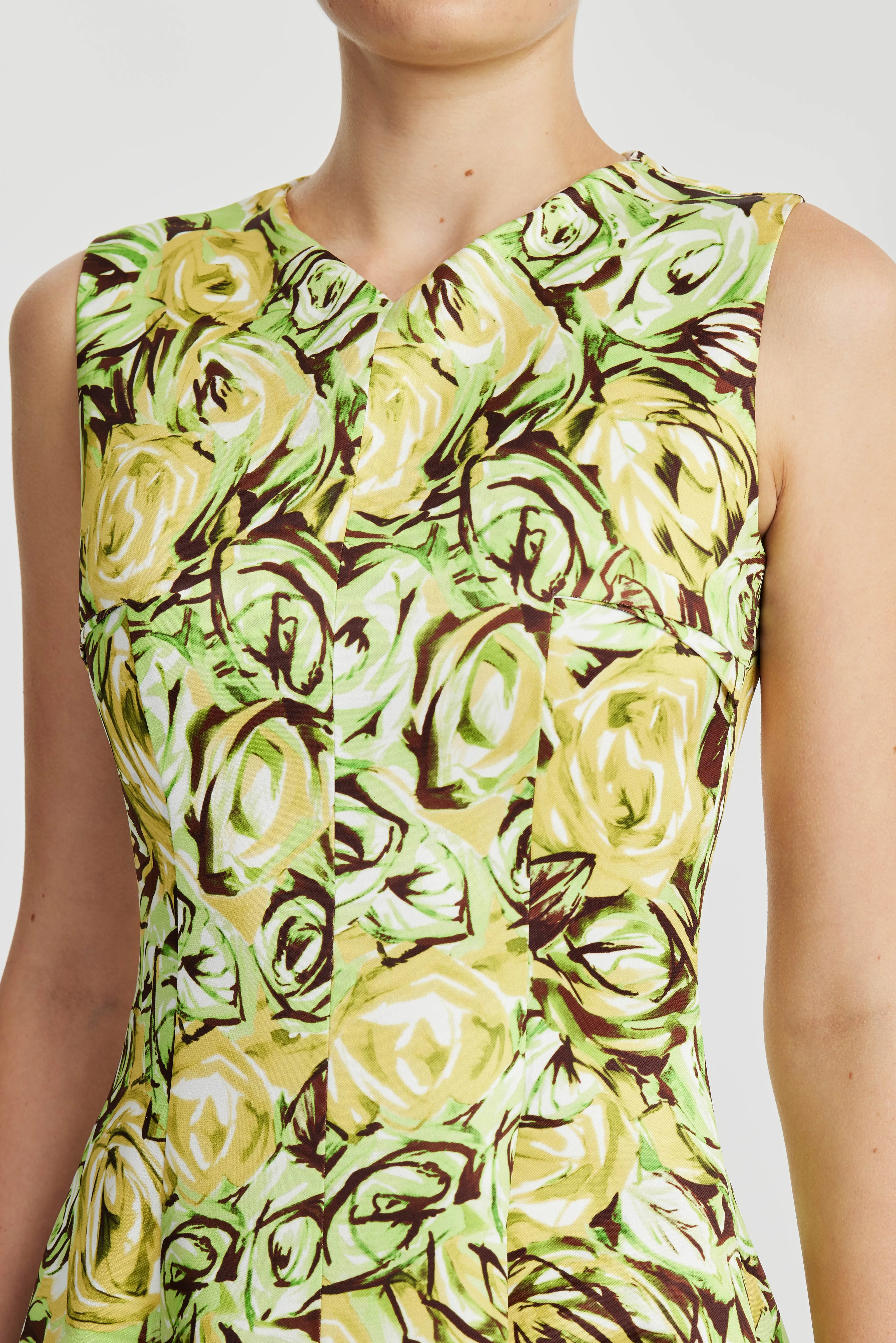 Madi Dress In Abstract Green And Lemon Rose Printed Twill