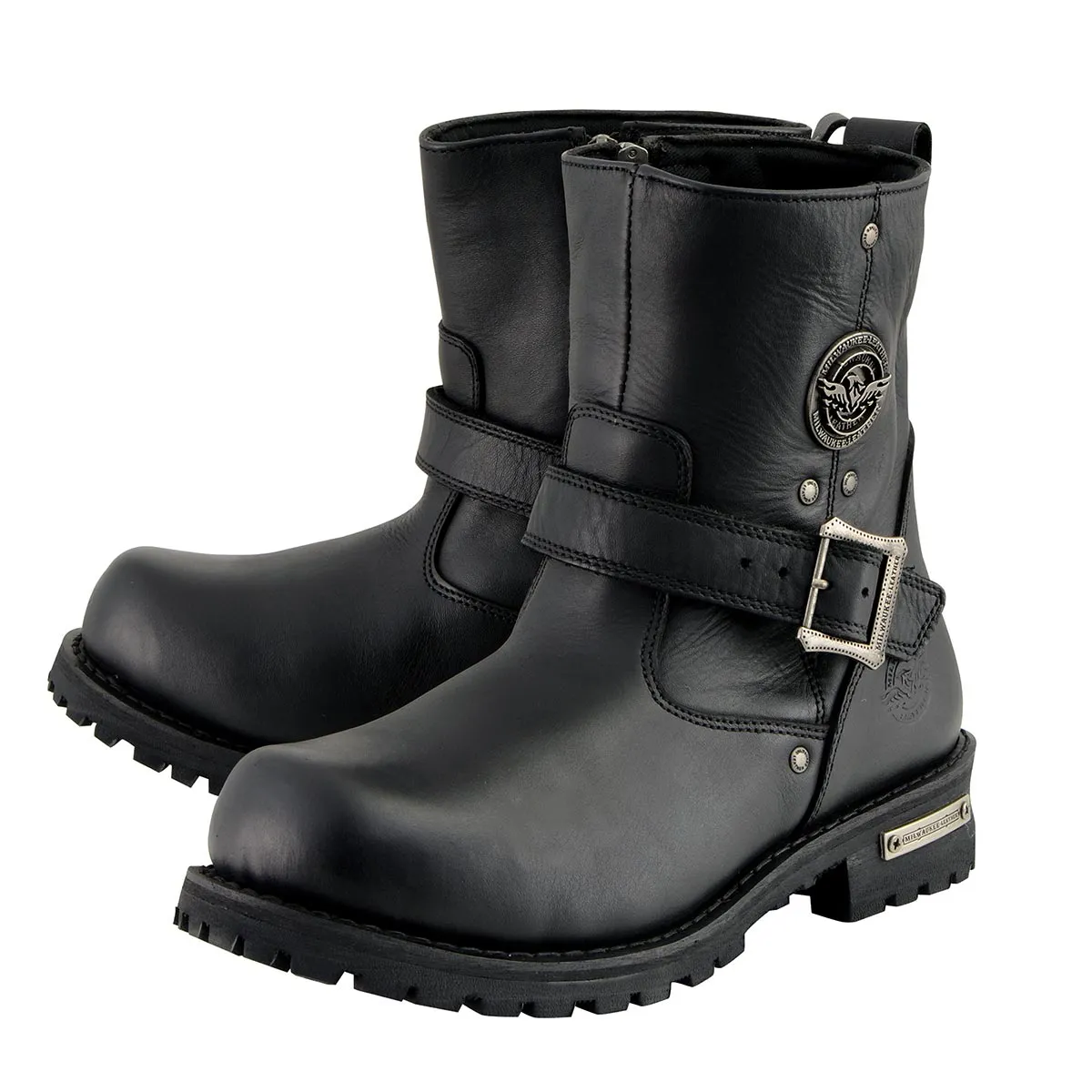 MBM9040 Men's Black 6-inch Classic Engineer Motorcycle Leather Boots with Side Zipper