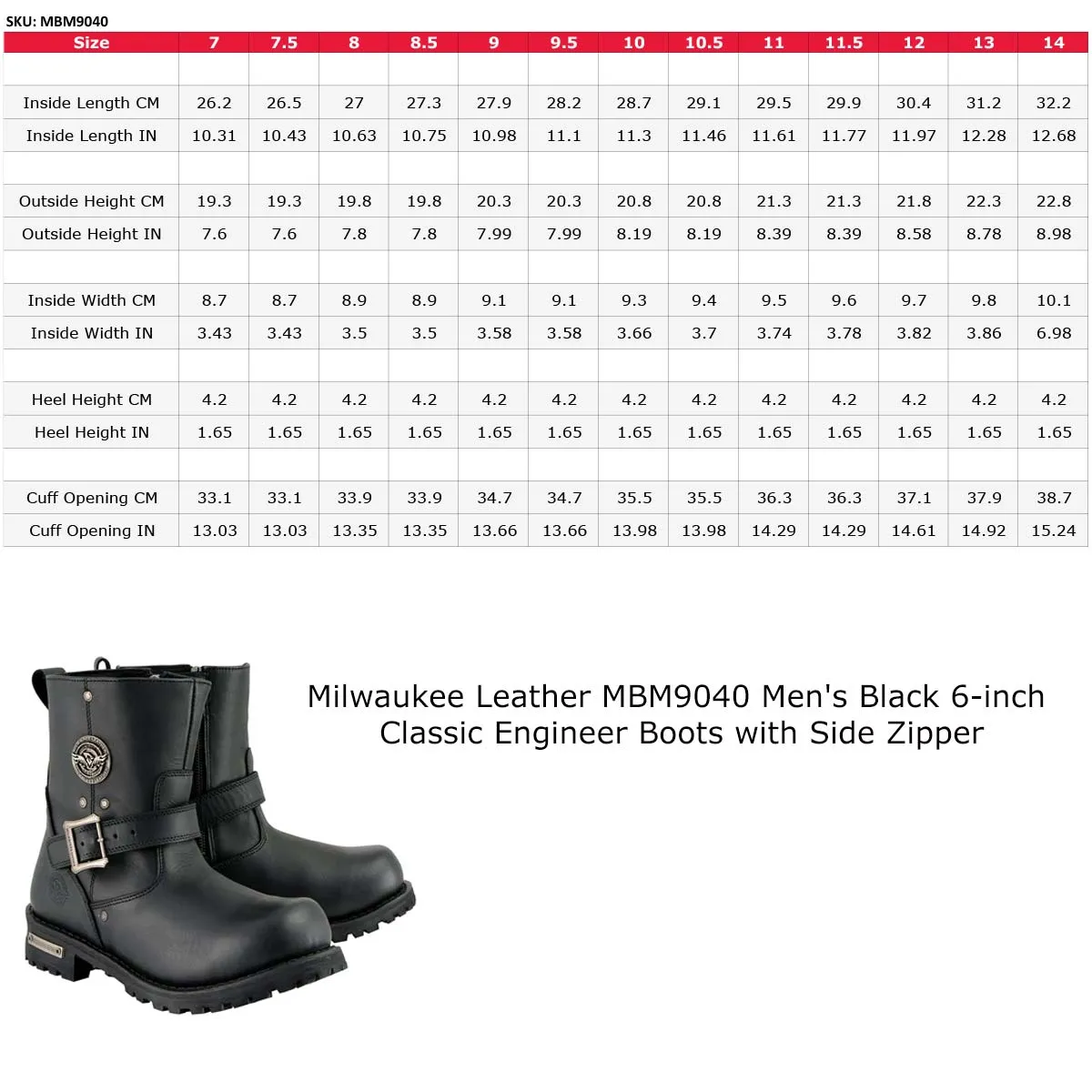 MBM9040 Men's Black 6-inch Classic Engineer Motorcycle Leather Boots with Side Zipper
