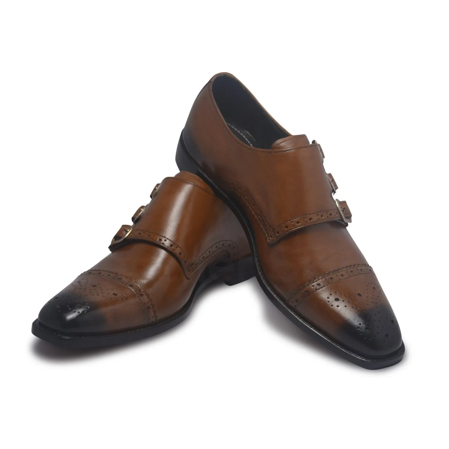 Men Three Strap Monk Two Tone Genuine Leather Shoes with Brogue Wingtip