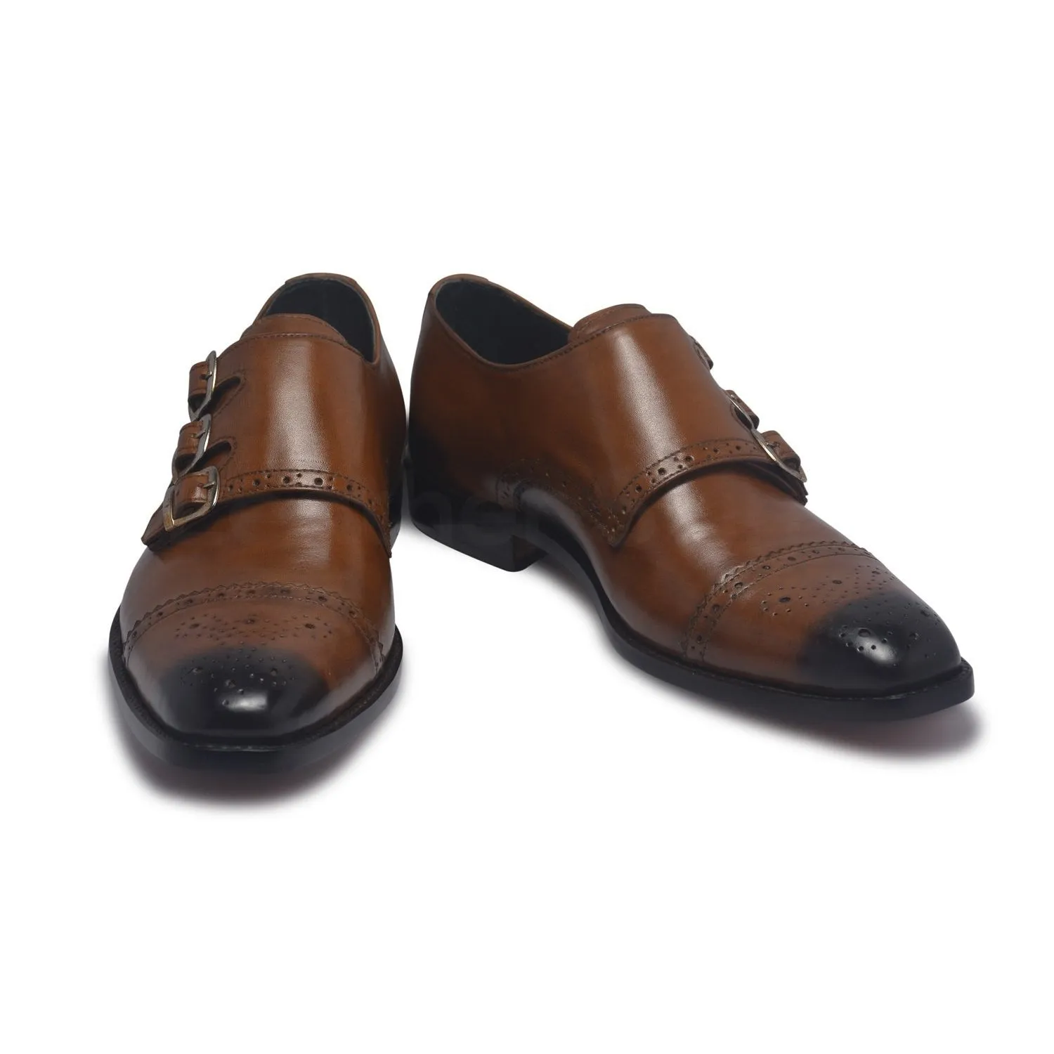 Men Three Strap Monk Two Tone Genuine Leather Shoes with Brogue Wingtip