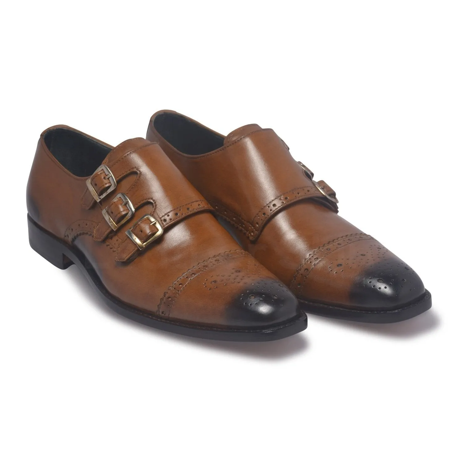 Men Three Strap Monk Two Tone Genuine Leather Shoes with Brogue Wingtip