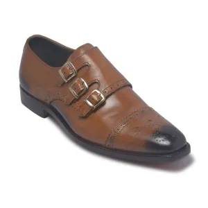 Men Three Strap Monk Two Tone Genuine Leather Shoes with Brogue Wingtip