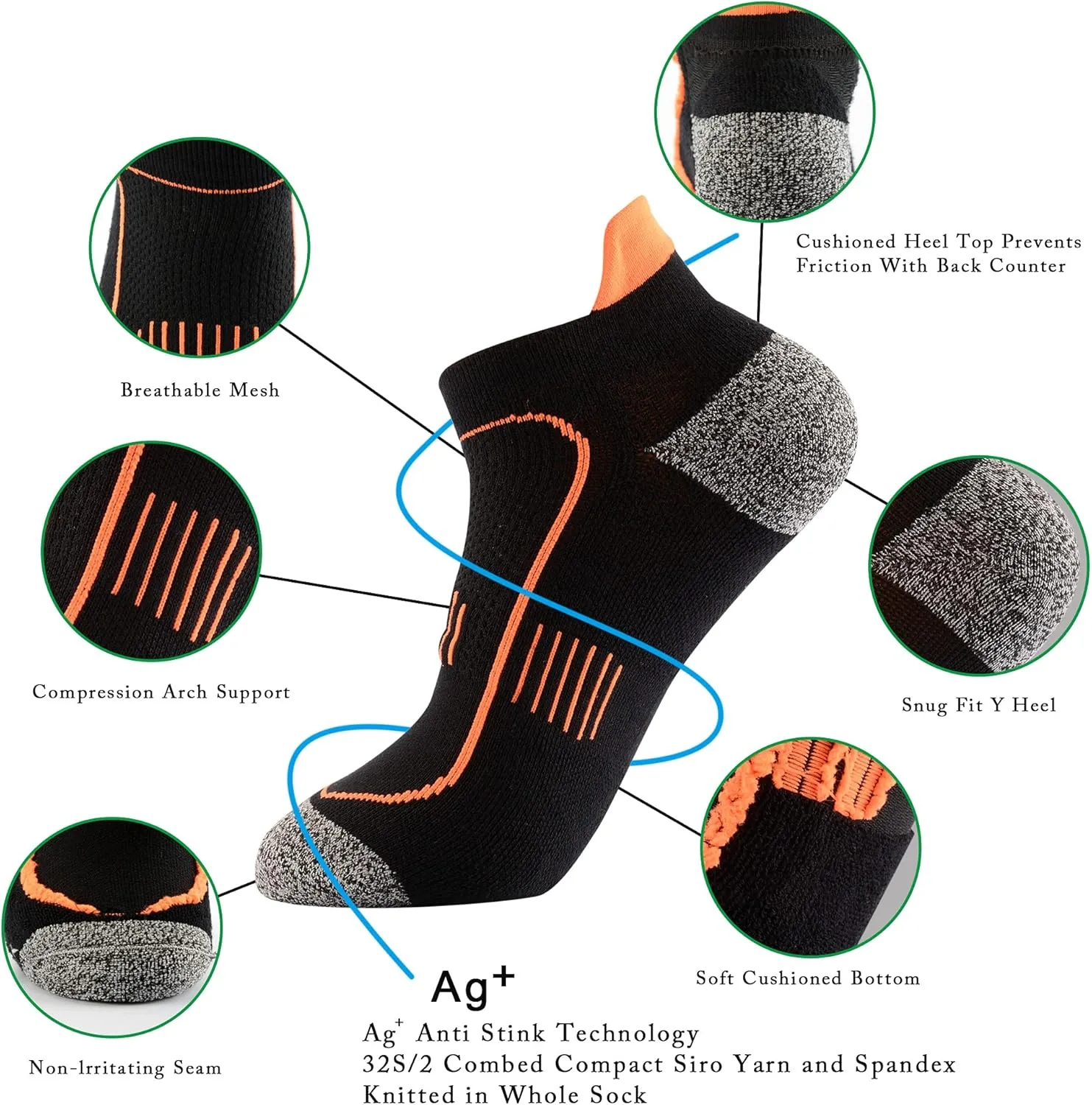 Men's Cushioned Anti Odor Blister Proof Quarter Crew Low Cut Compression Running Trekking Socks