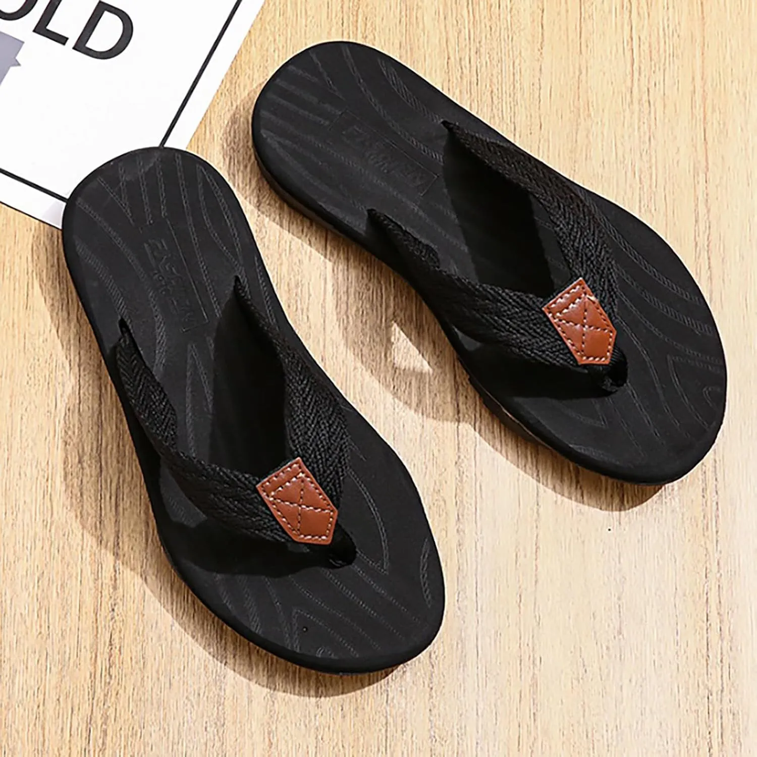 Mens Flip Flops Arch Support Waterproof Open Toe Summer Beach Leather Thong Sandals Cushion Slip on Slippers