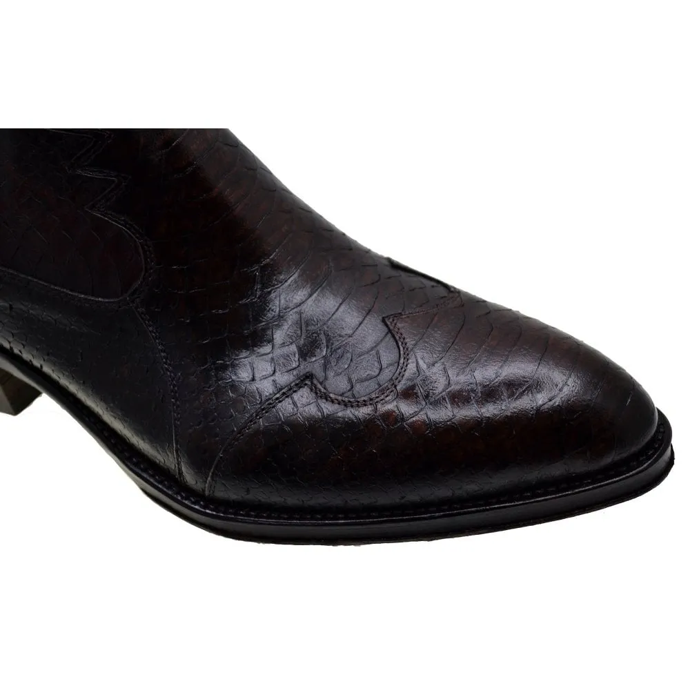 Men's Italian Shoes Jo Ghost 1774 Brown Leather Print Python Cuban Heel Chelsea Boots size 42