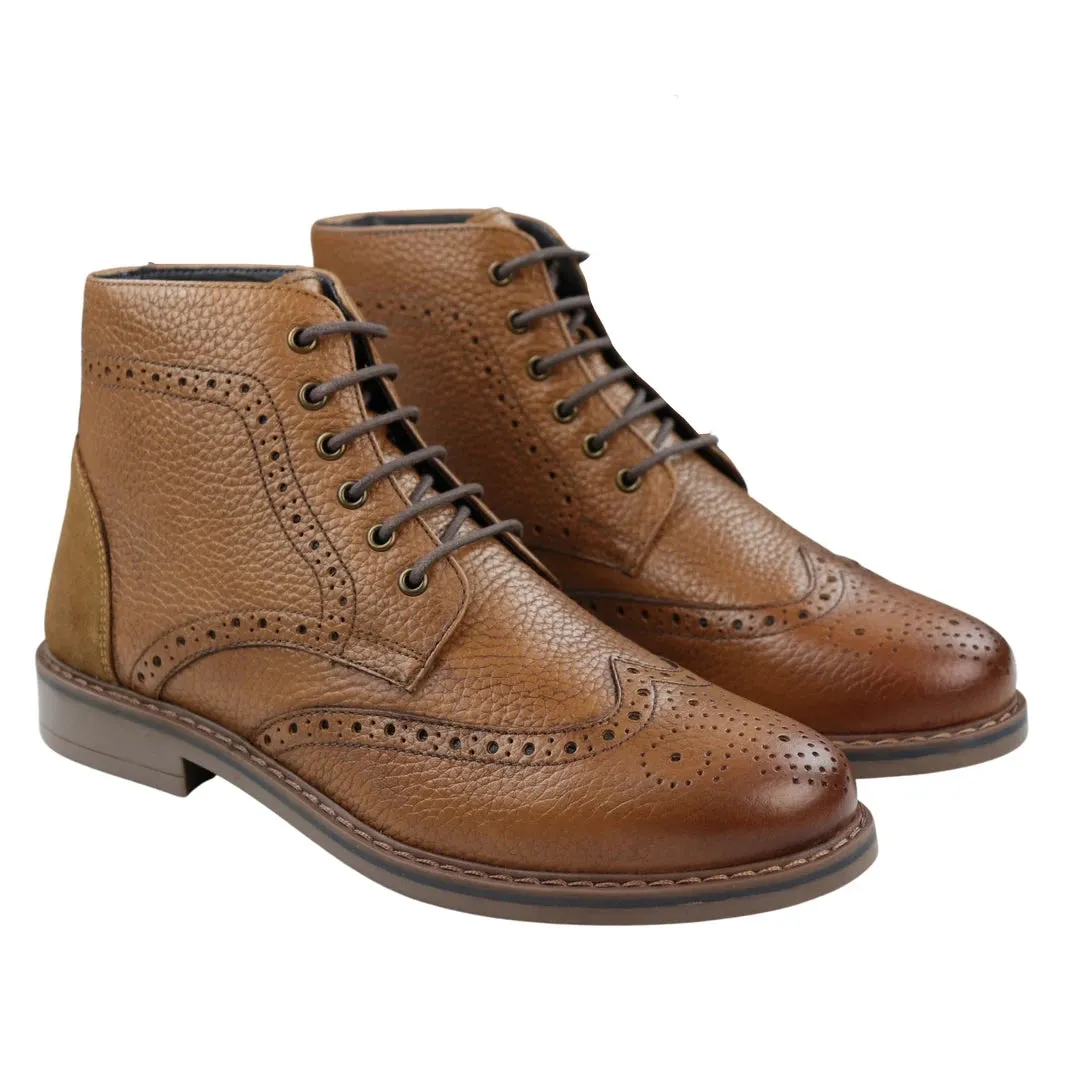 Mens Round Toe Laced Brogue Boots Black Tan Brown Real Leather Smart Casual Classic