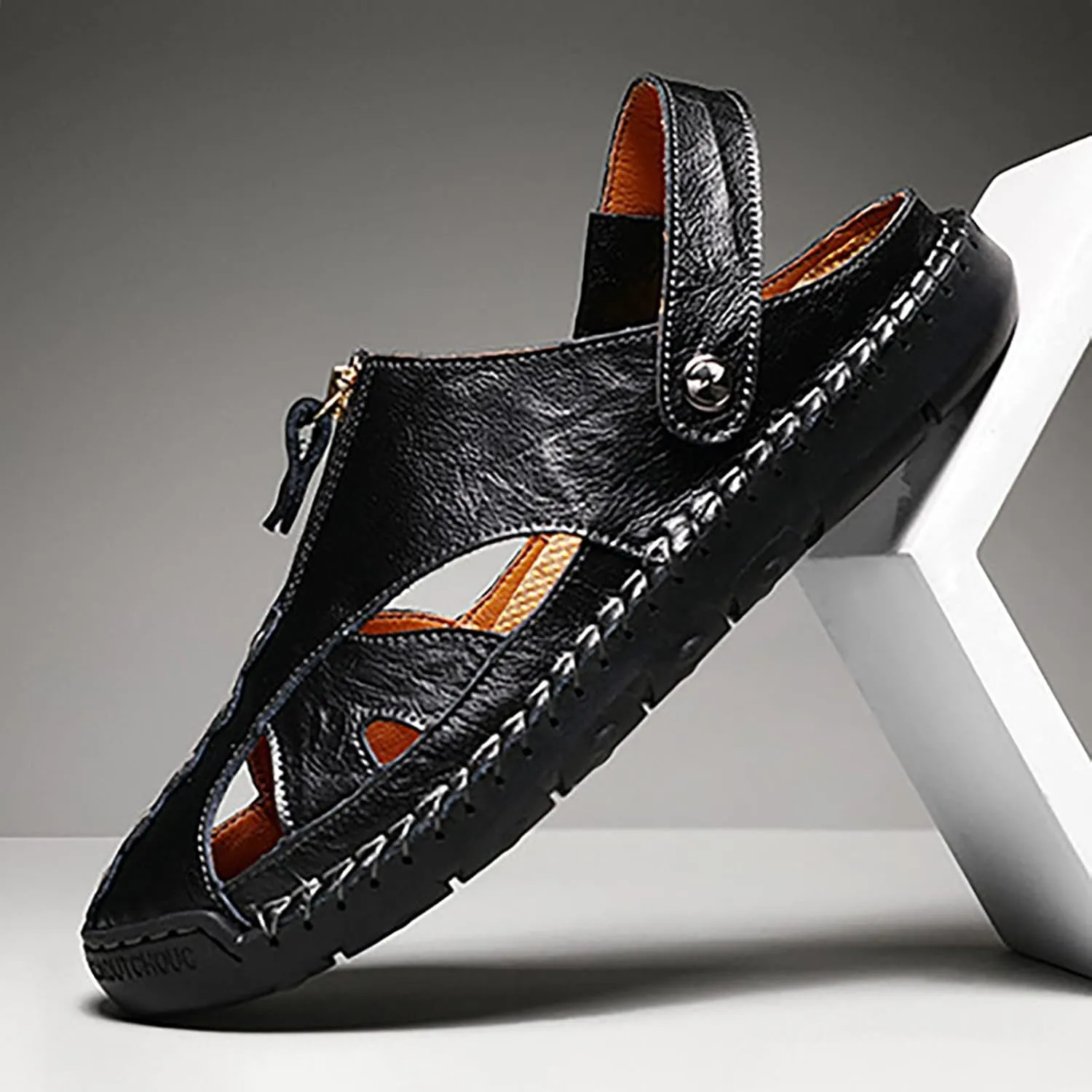 Men's Summer Breathable Leather Sandals With Comfortable Footbed Men's Adjustable Close Toe Fishiman Walking Sandals