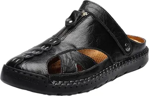 Men's Summer Breathable Leather Sandals With Comfortable Footbed Men's Adjustable Close Toe Fishiman Walking Sandals