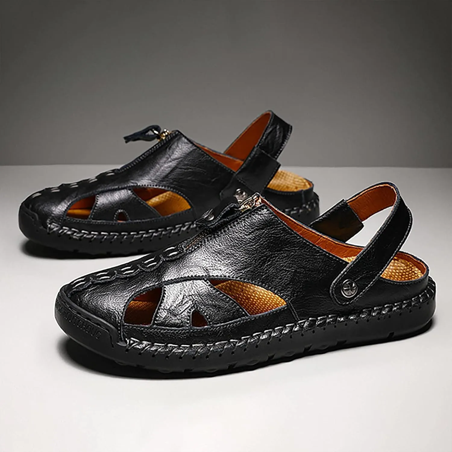 Men's Summer Breathable Leather Sandals With Comfortable Footbed Men's Adjustable Close Toe Fishiman Walking Sandals