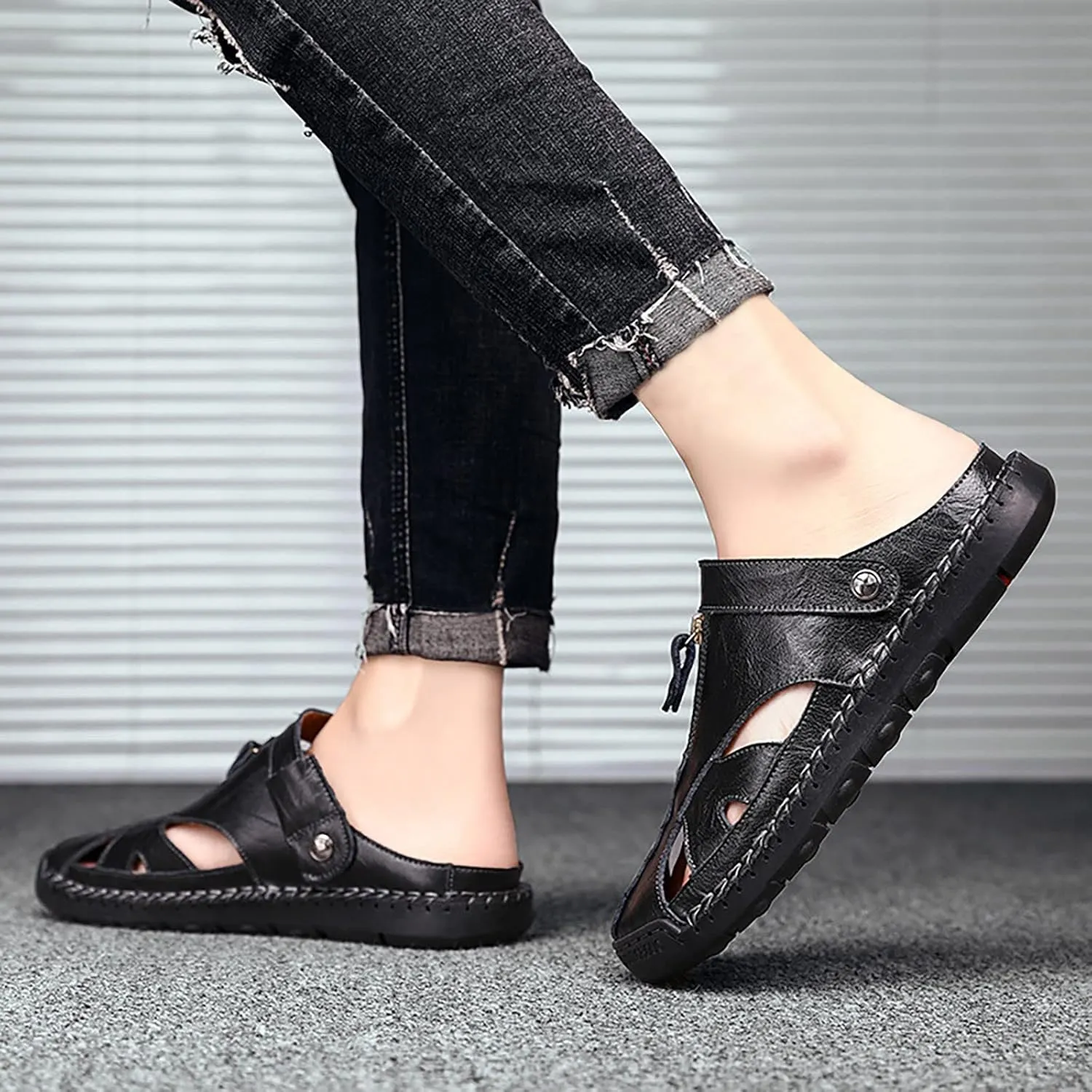 Men's Summer Breathable Leather Sandals With Comfortable Footbed Men's Adjustable Close Toe Fishiman Walking Sandals