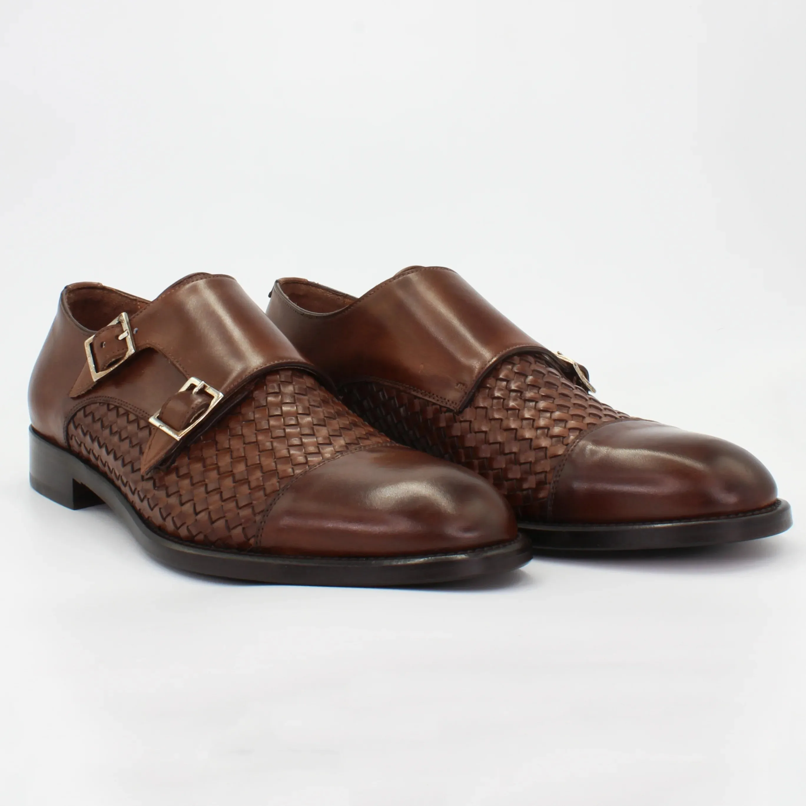 Men's woven double monk strap in calf leather brandy (BRU11285)