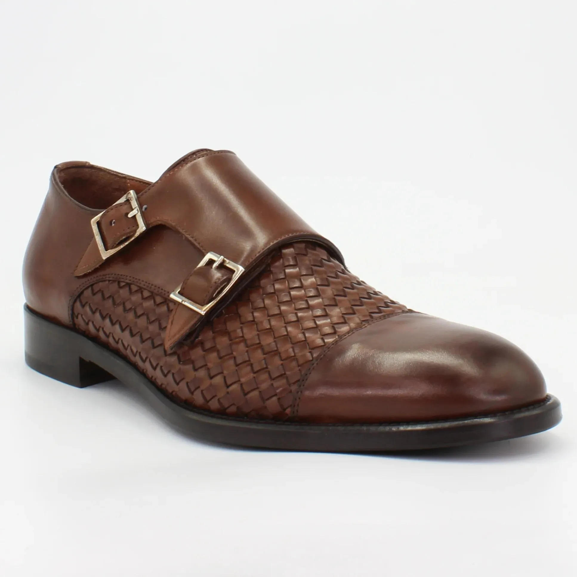 Men's woven double monk strap in calf leather brandy (BRU11285)