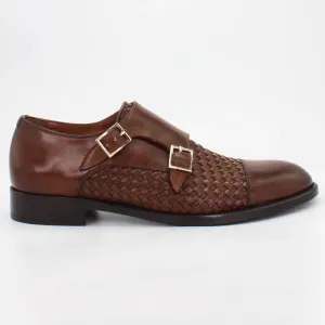 Men's woven double monk strap in calf leather brandy (BRU11285)