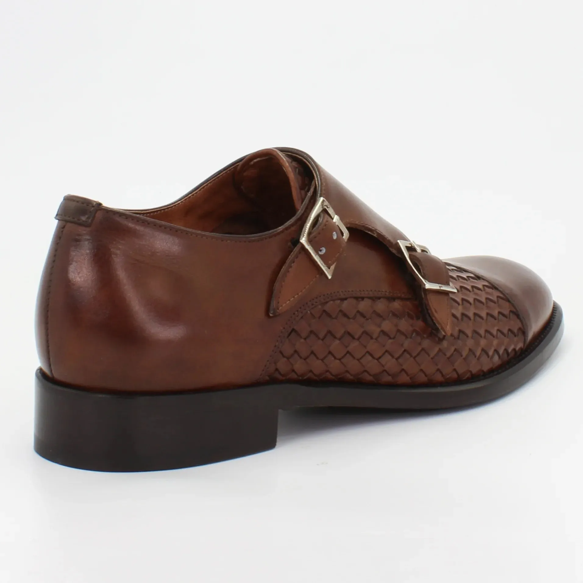 Men's woven double monk strap in calf leather brandy (BRU11285)