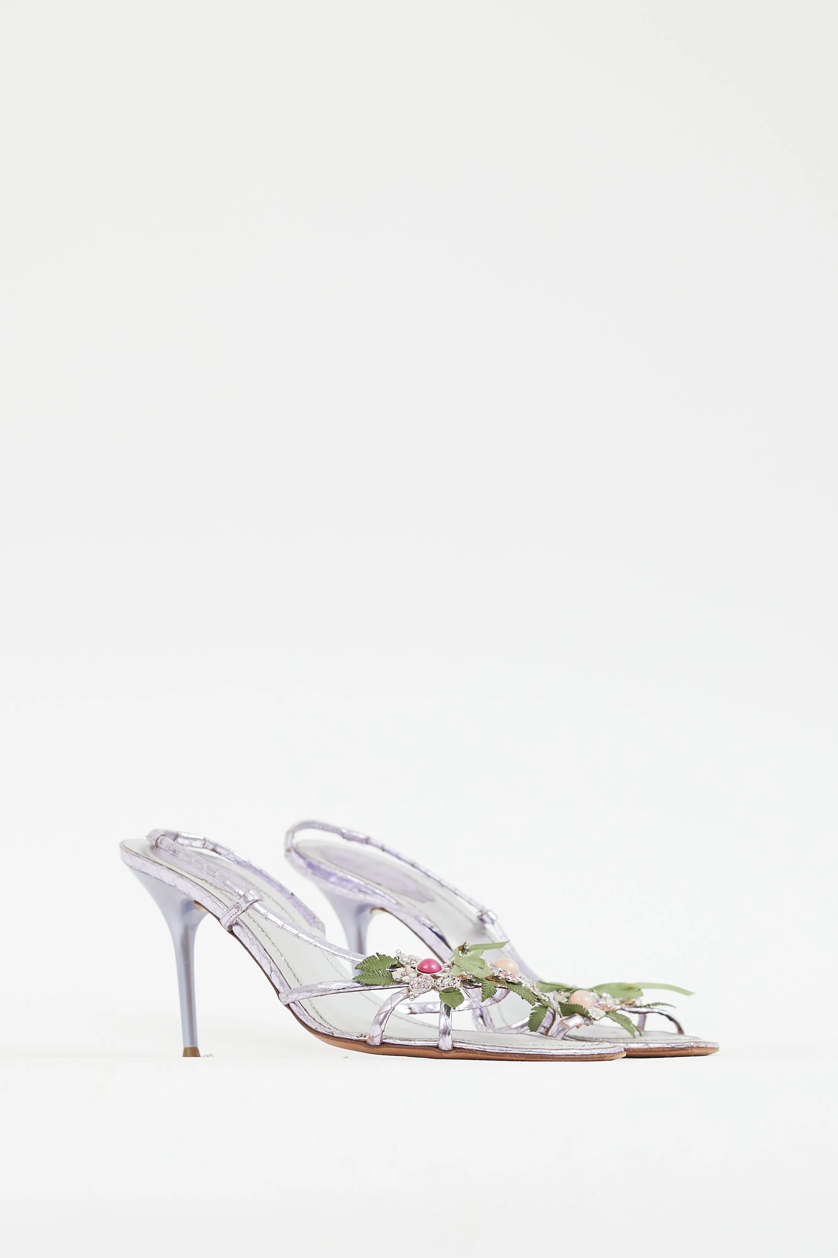 Metallic Purple Leather Floral Heel