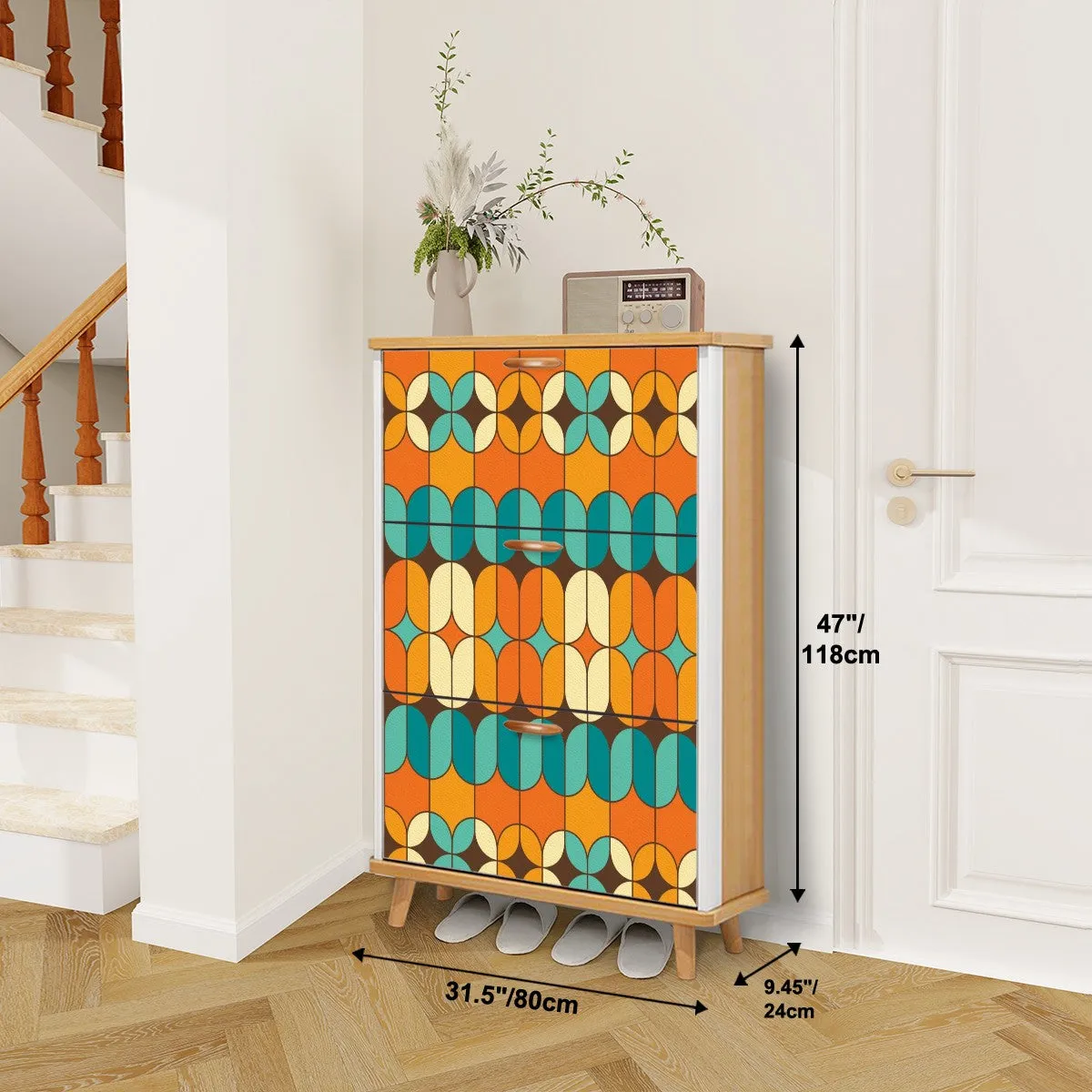 Mid Century Modern Shoe Cabinet, Shoe Storage, Bold Orange And Teal Cabinet