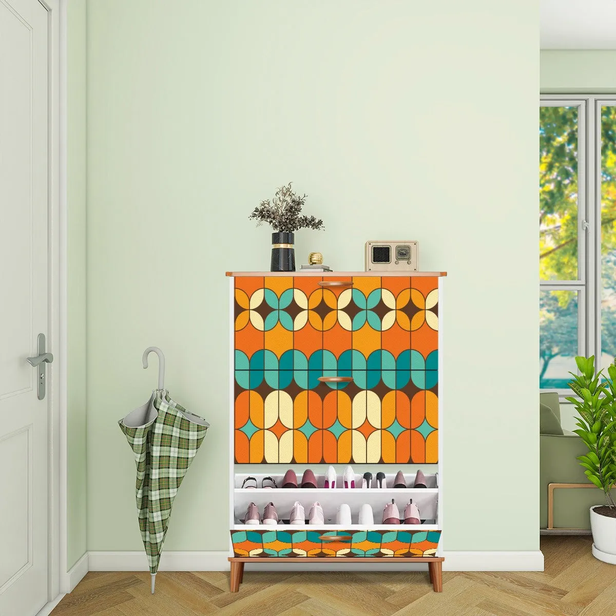 Mid Century Modern Shoe Cabinet, Shoe Storage, Bold Orange And Teal Cabinet