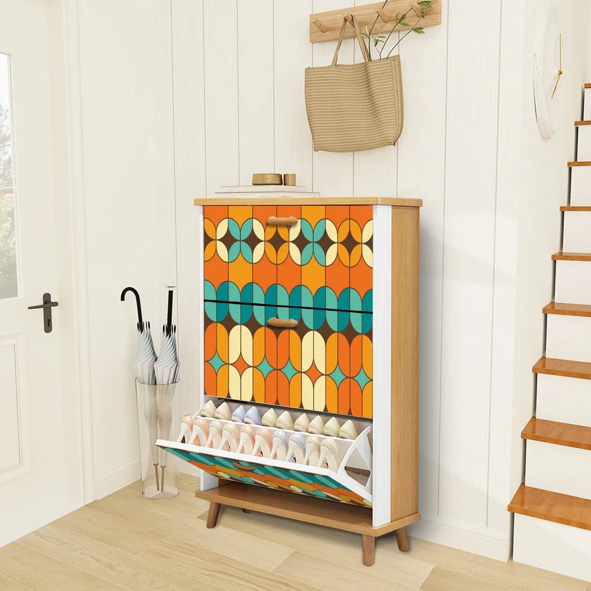 Mid Century Modern Shoe Cabinet, Shoe Storage, Bold Orange And Teal Cabinet