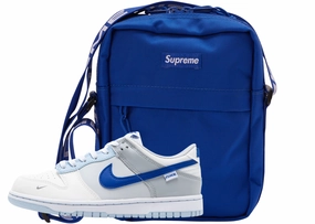 Short distance speed running in hard tracks shoes Nike Dunk low x Supreme bags combo