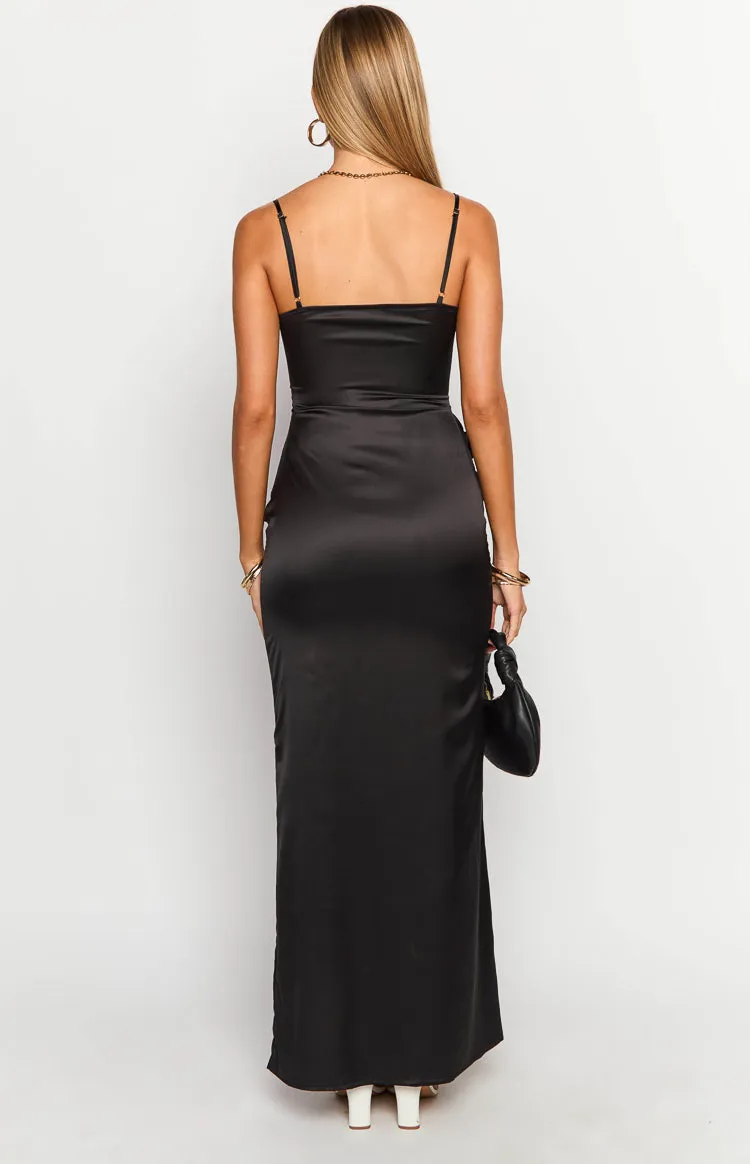 Nahanee Black Satin Ruffle Maxi Dress