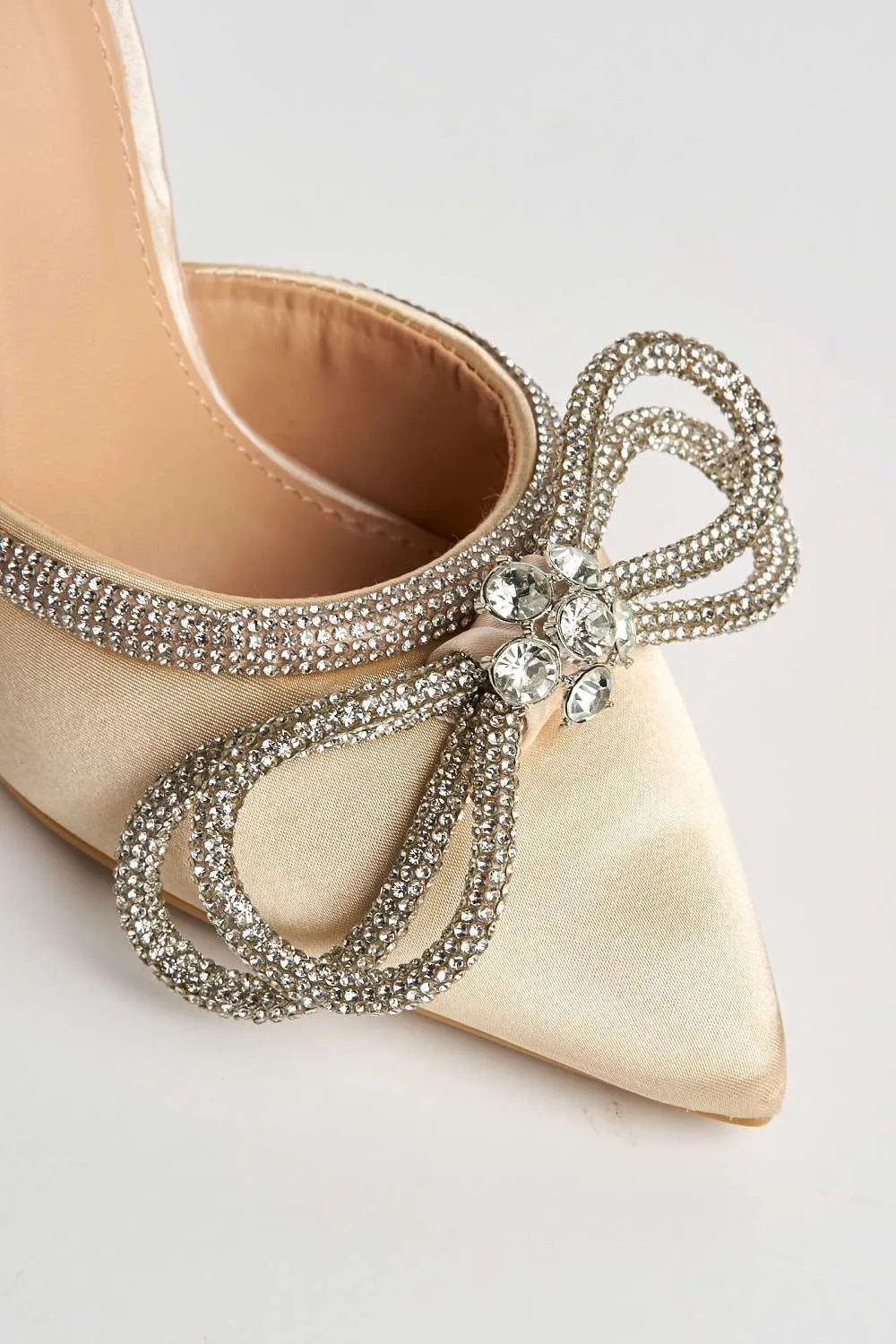 Nattie Pointed Toe Diamante Bow Court Shoe Heels in Beige
