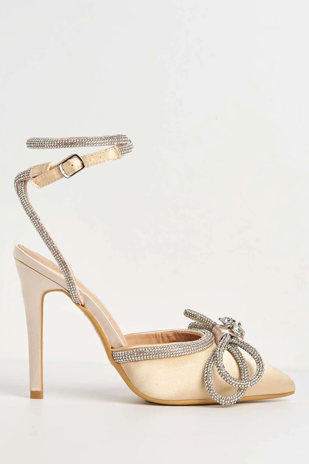 Nattie Pointed Toe Diamante Bow Court Shoe Heels in Beige