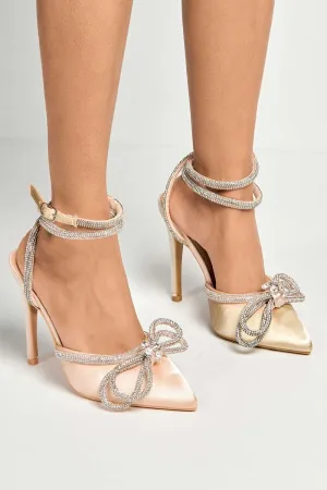 Nattie Pointed Toe Diamante Bow Court Shoe Heels in Beige