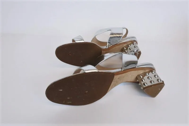 Nicholas Kirkwood Studded Heel Sandals Silver Metallic Leather Size 38