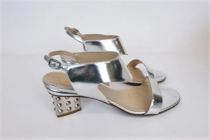Nicholas Kirkwood Studded Heel Sandals Silver Metallic Leather Size 38