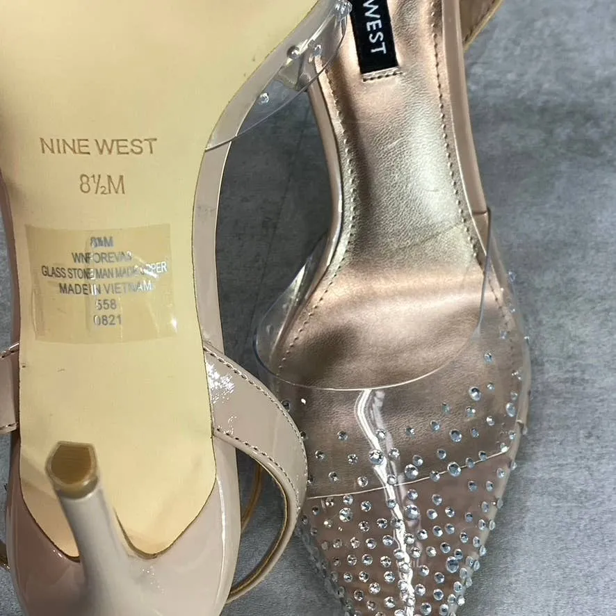 NINE WEST Clear/Nude Foreva Rhinestone Embellished Pointed-Toe Stiletto Pumps SZ 8.5