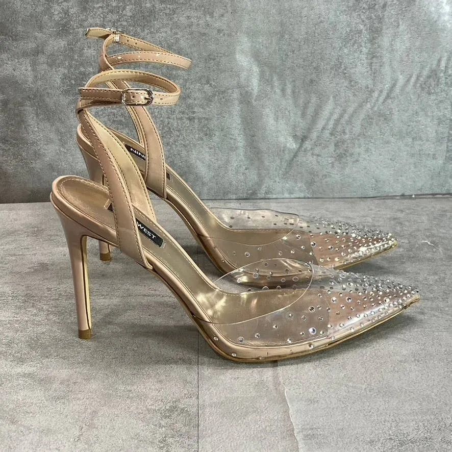 NINE WEST Clear/Nude Foreva Rhinestone Embellished Pointed-Toe Stiletto Pumps SZ 8.5
