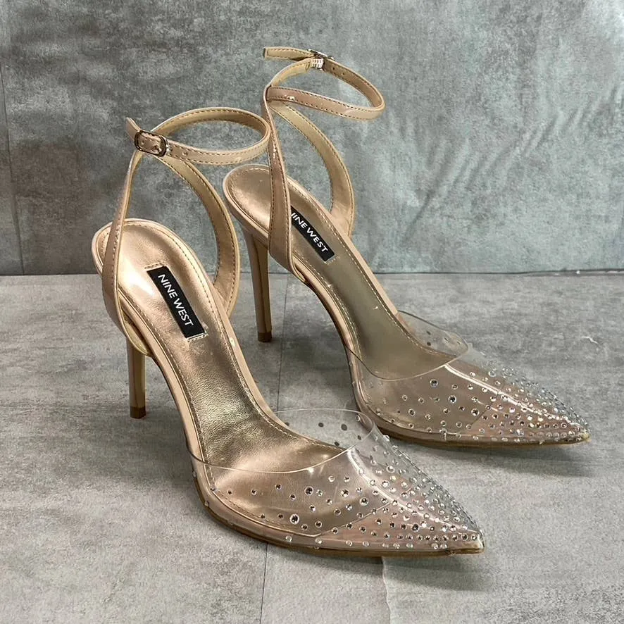 NINE WEST Clear/Nude Foreva Rhinestone Embellished Pointed-Toe Stiletto Pumps SZ 8.5