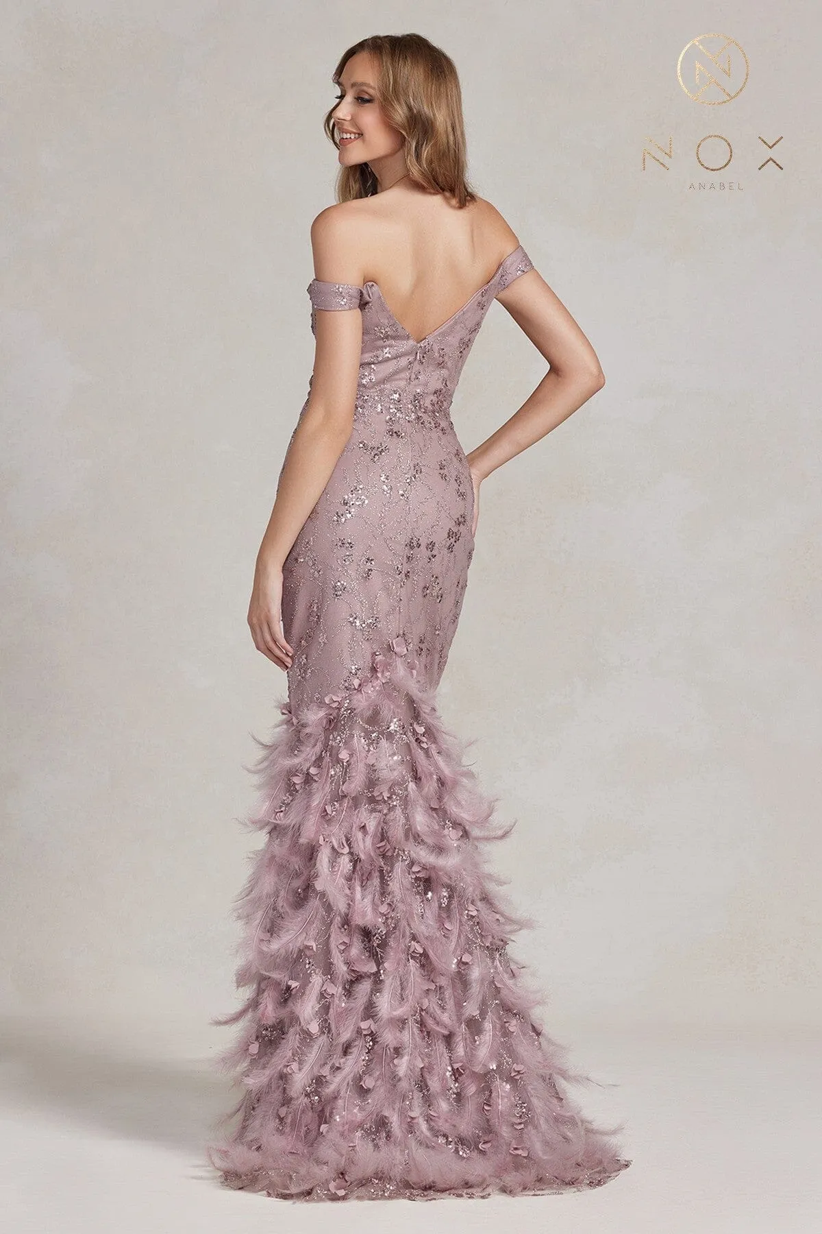 Off Shoulder Feather Mermaid Gown by Nox Anabel C1106
